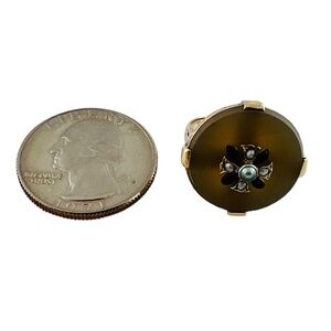 Vintage 14K Yellow Gold Round Black Onyx Seed Pearl Ring #16001